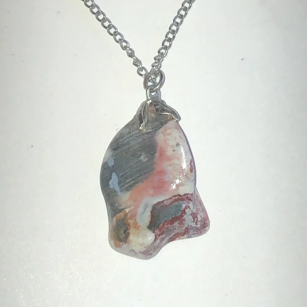 Silver Tone Chain Necklace with Irregular White and Peach Stone Pendant - Picture 1 of 6